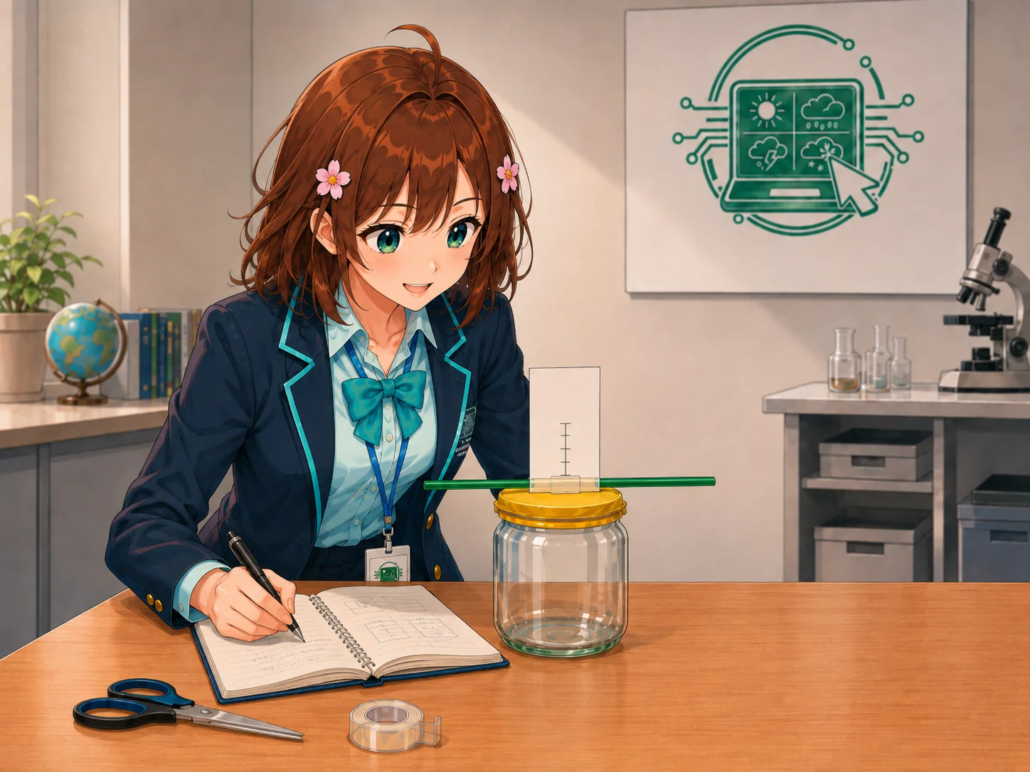 Haruhi osserva la punta della cannuccia e annota il risultato su un quaderno