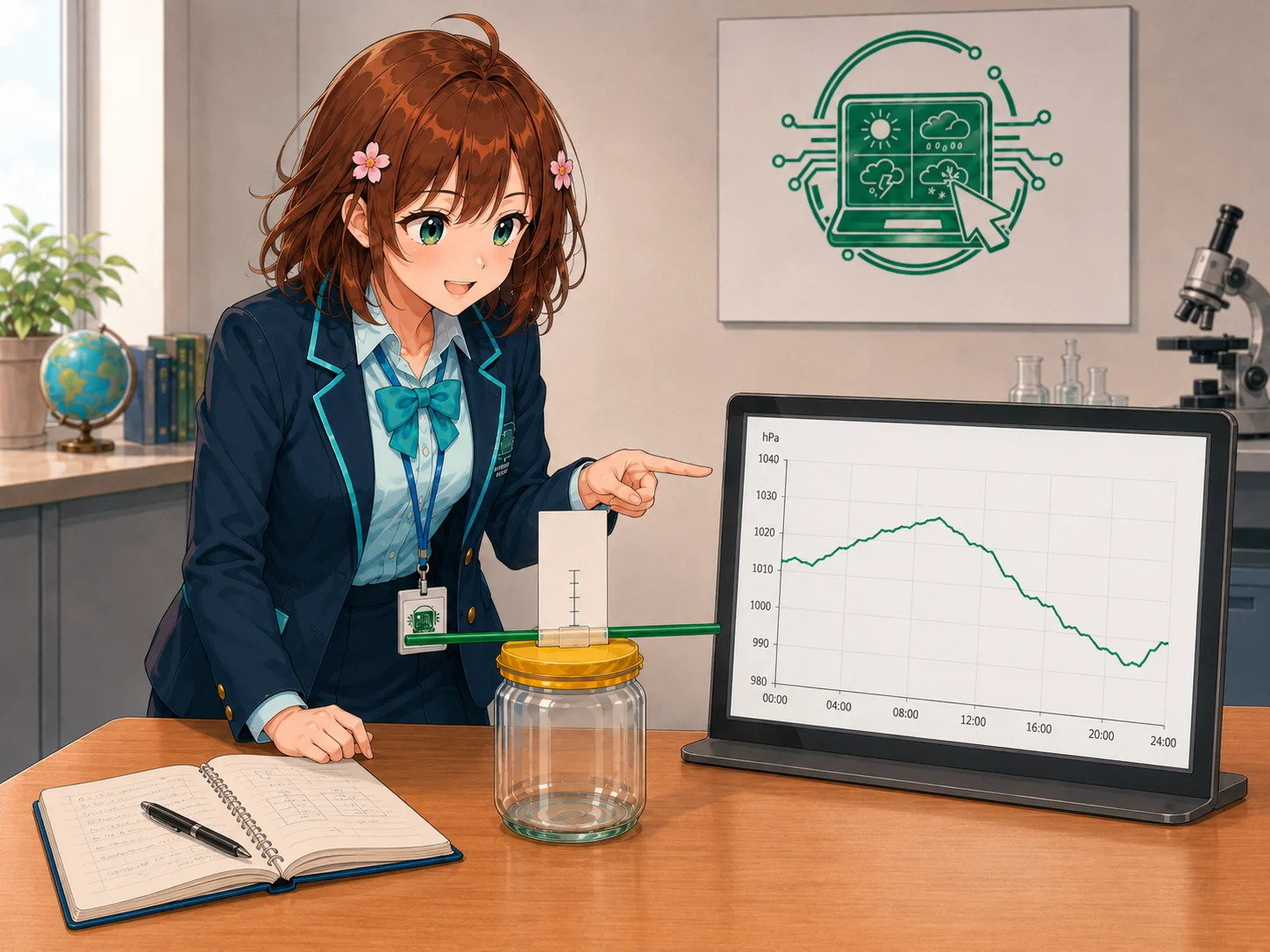 Haruhi osserva il barometro artigianale mentre su un monitor compare un grafico reale della pressione atmosferica