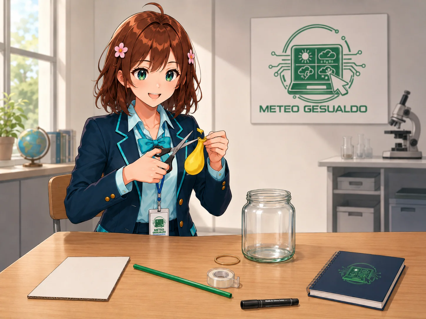  Haruhi mostra il palloncino e taglia con le forbici la parte stretta.
