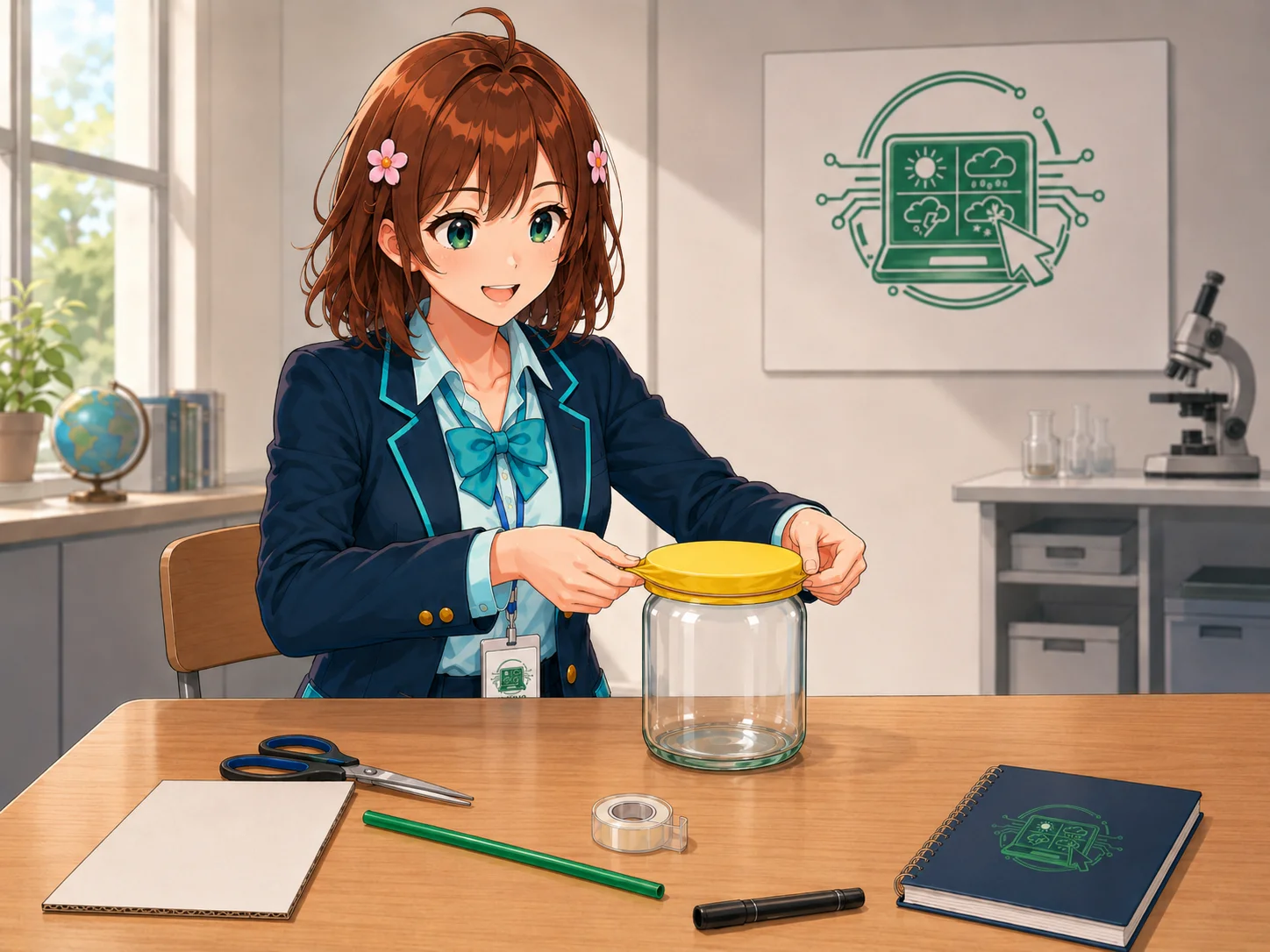 Haruhi tende il palloncino sopra il barattolo e lo fissa con l'elastico