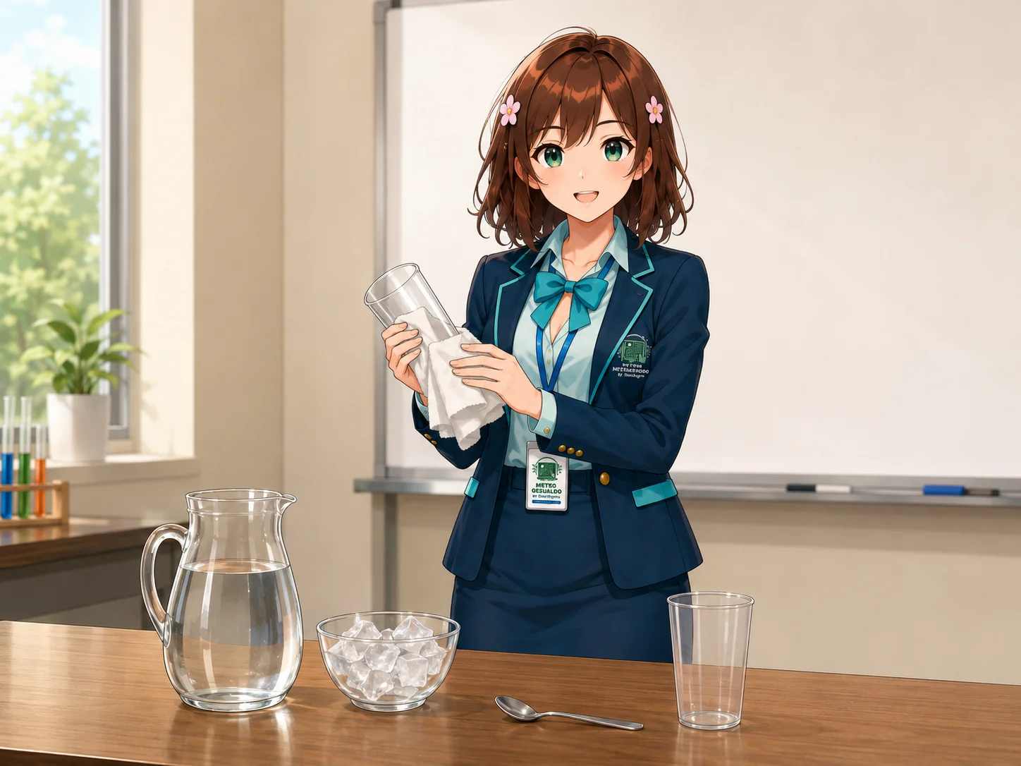 Haruhi mostra il recipiente asciutto e passa un tovagliolo sulla superficie esterna.