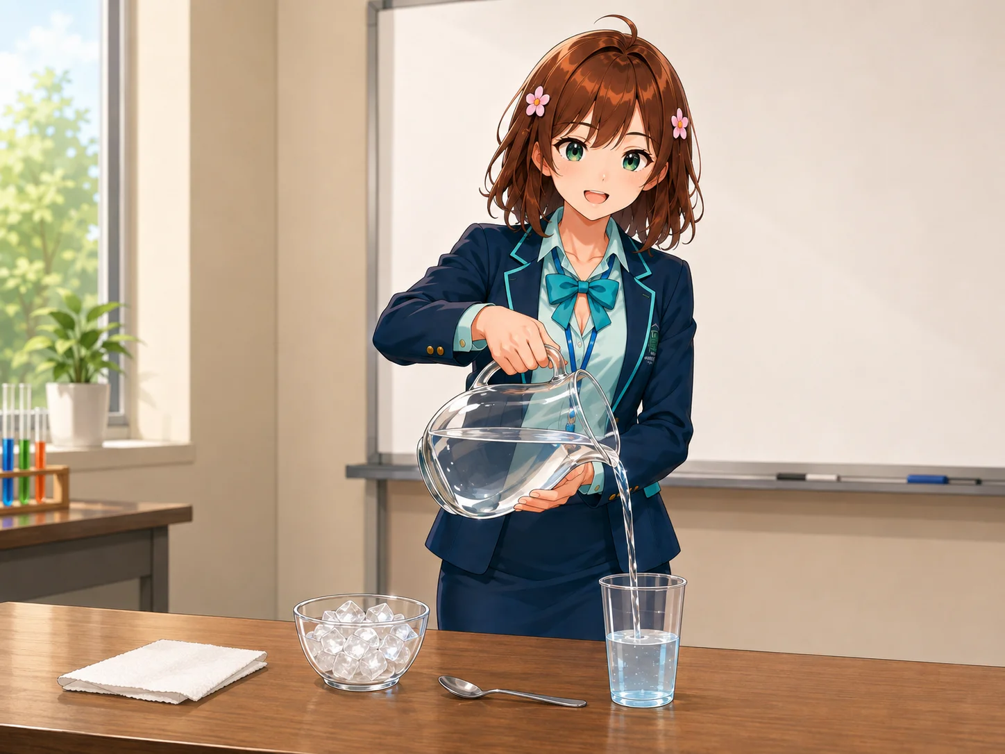 Haruhi versa l'acqua nel recipiente e, facoltativamente, aggiunge alcune gocce di colorante