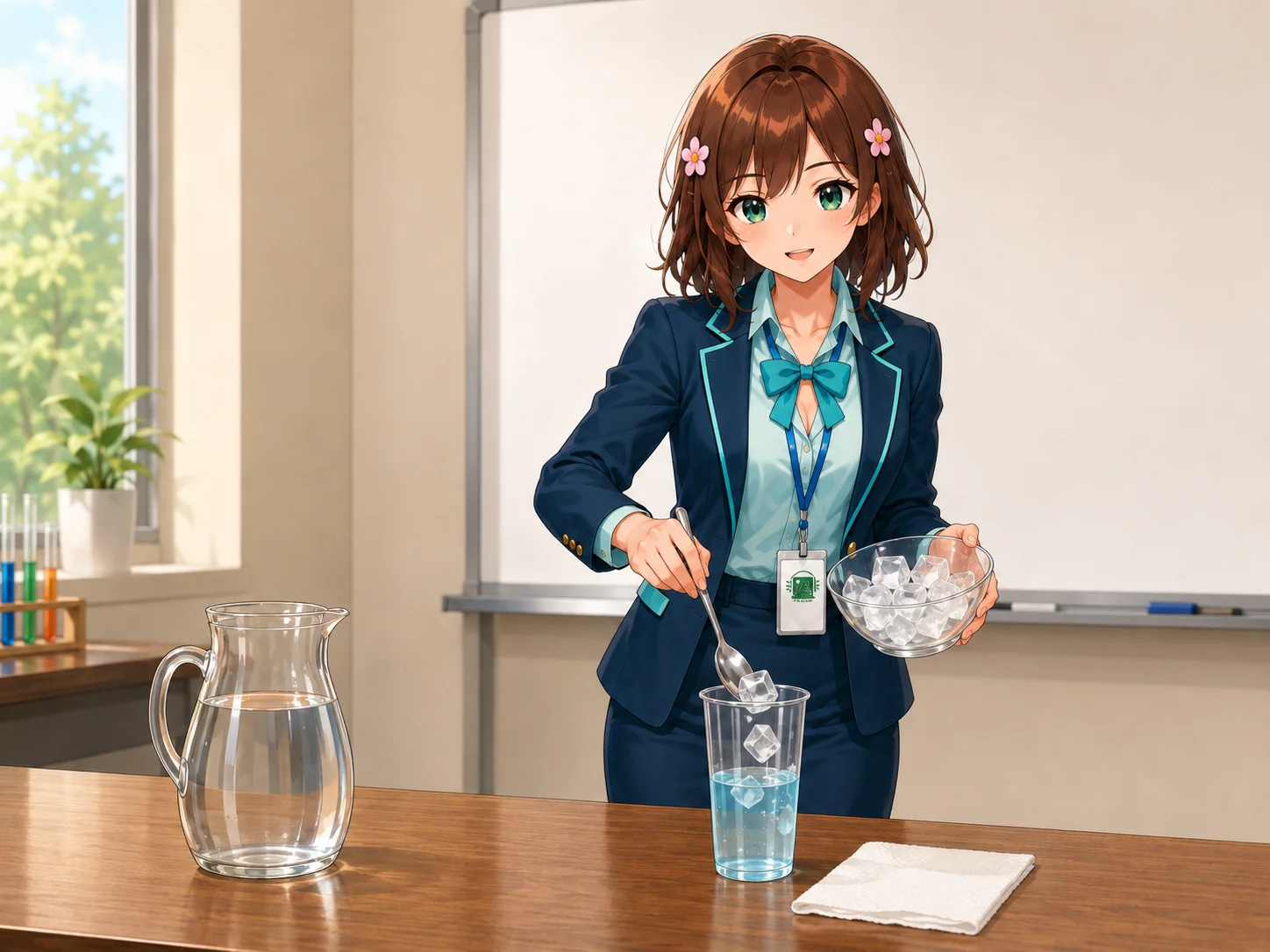 Haruhi aggiunge i cubetti di ghiaccio e mescola con un cucchiaino