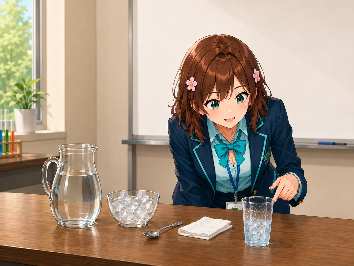 Haruhi osserva da vicino le piccole goccioline che stanno comparendo sulla parete esterna