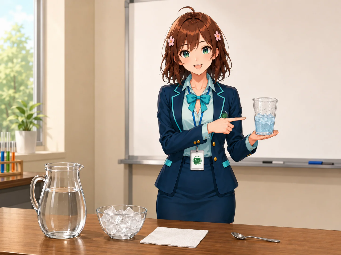Haruhi indica le goccioline trasparenti all'esterno mentre all'interno del recipiente l'acqua &egrave; colorata