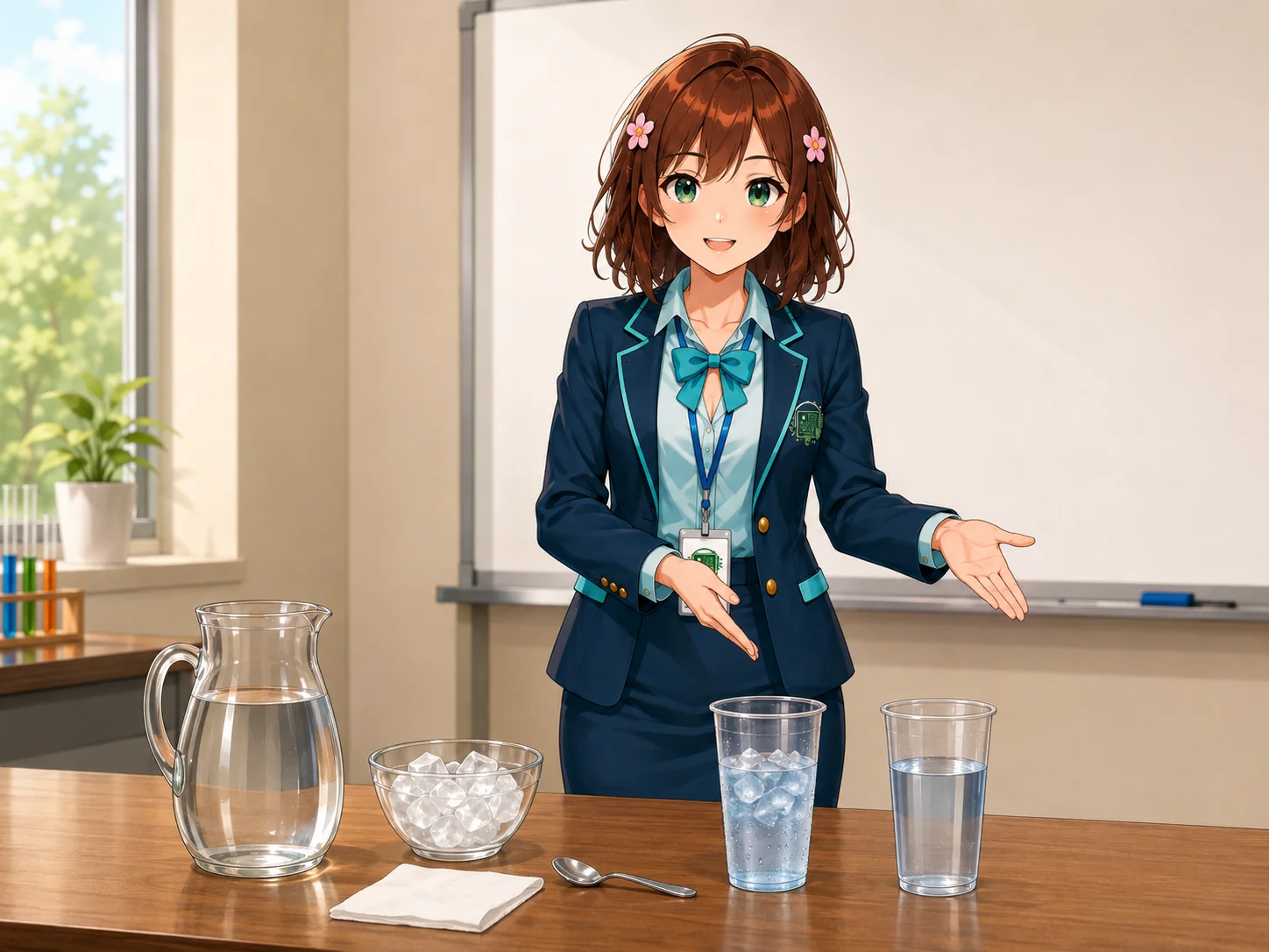Haruhi osserva due recipienti identici, uno con ghiaccio e goccioline esterne e uno a temperatura ambiente ancora asciutto