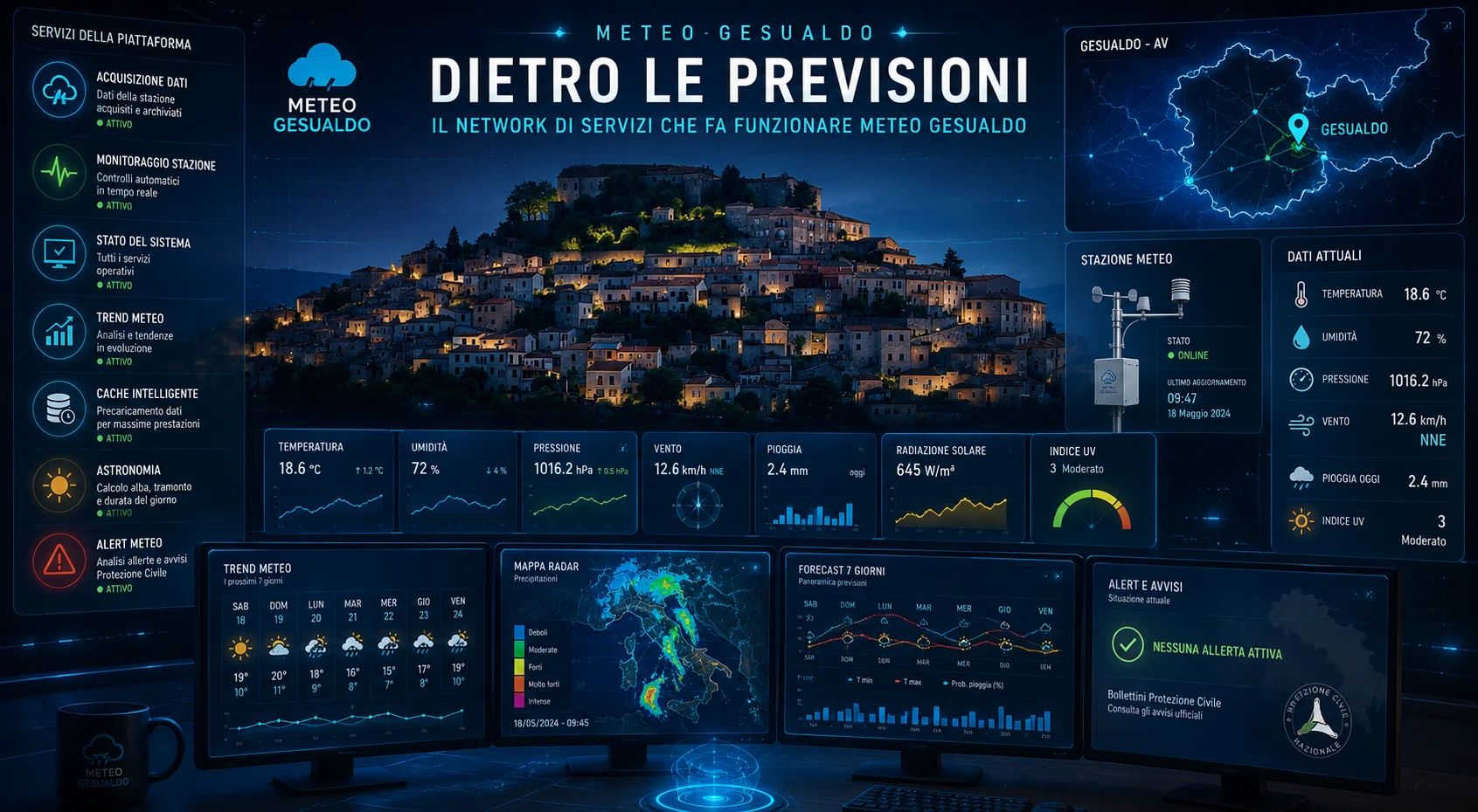 dashboard futuristica con grafici, monitor e mappa stilizzata di Gesualdo