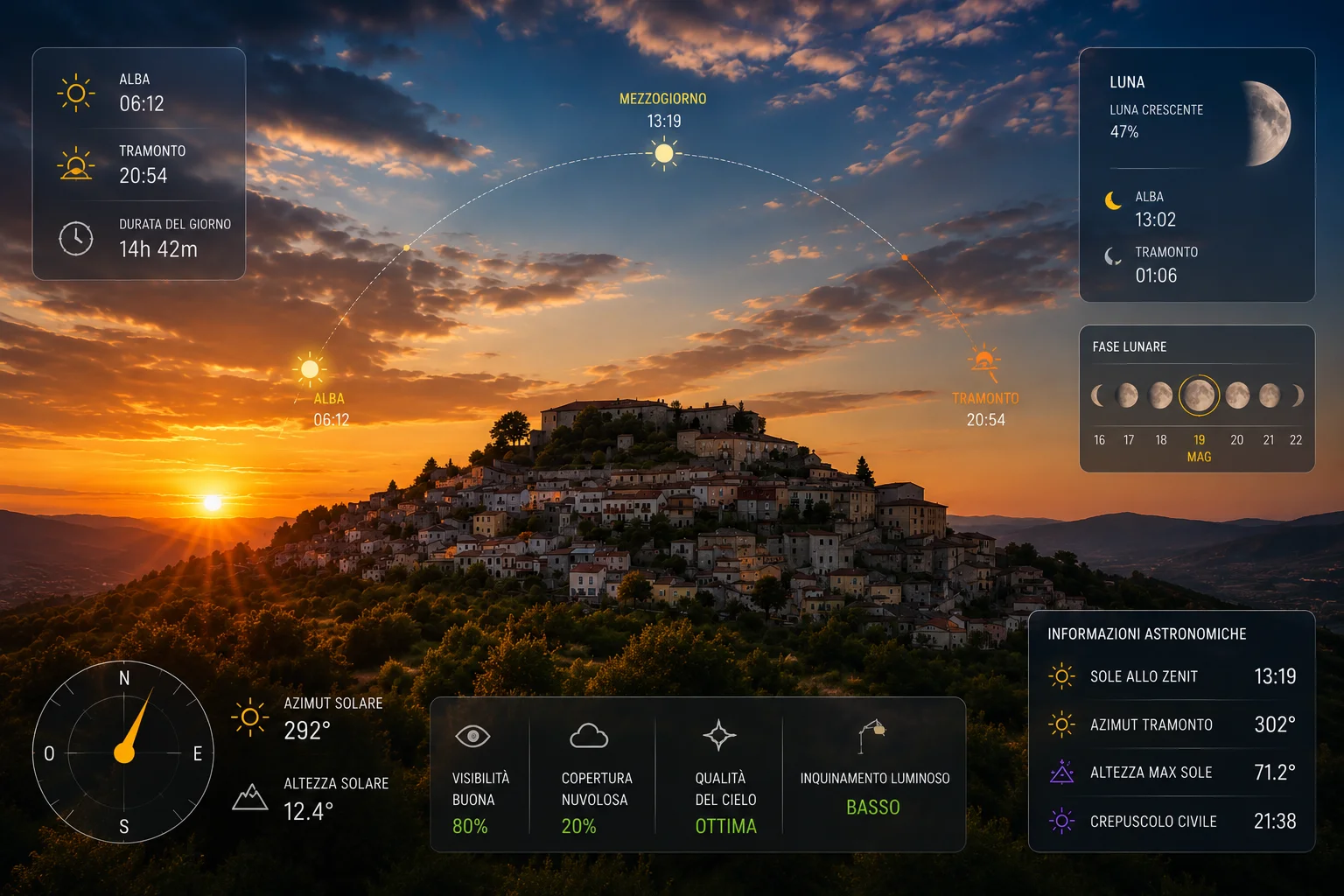 alba o tramonto sul paesaggio irpino con elementi grafici astronomici