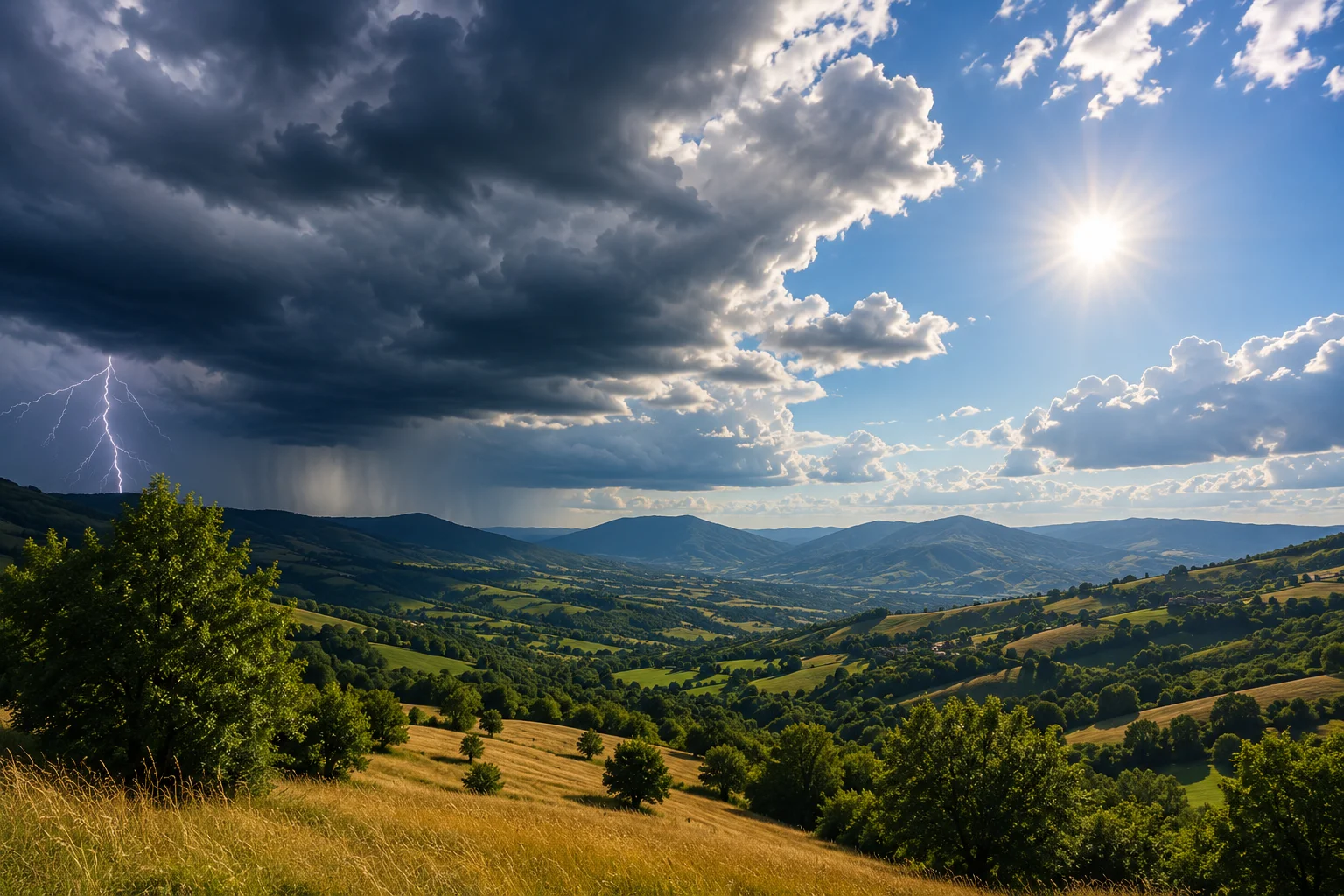 paesaggio collinare irpino estivo con alternanza di sole e nubi temporalesche